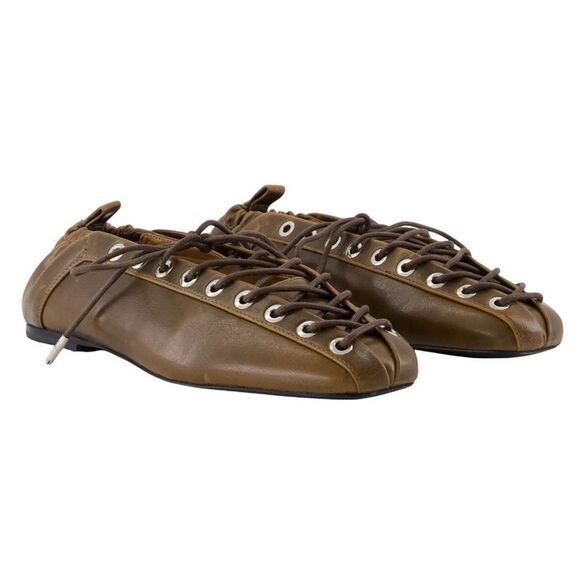 Eyelets Lace Up Crinkle Ballerinas - Ganni - Synthetic - Green -  krearack.com